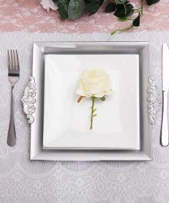 HIER_4730 2 Pack | 10" Metallic Silver Square Decorative Acrylic Serving Trays With Embossed Rims