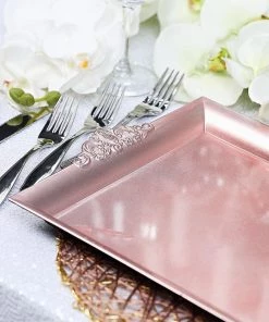 HIER_4730 2 Pack | Blush/Rose Gold Rectangle Decorative Acrylic Serving Trays With Embossed Rims - 14"x10" Disposable Dinnerware