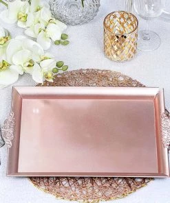 HIER_4730 2 Pack | Blush/Rose Gold Rectangle Decorative Acrylic Serving Trays With Embossed Rims - 14"x10" Disposable Dinnerware