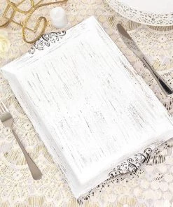 HIER_4730 Disposable Dinnerware 2 Pack | Antique White Wash Rectangle Decorative Acrylic Serving Trays With Embossed Rims - 14"x10"