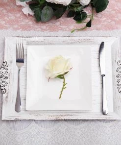 HIER_4730 Disposable Dinnerware 2 Pack | Antique White Wash Rectangle Decorative Acrylic Serving Trays With Embossed Rims - 14"x10"