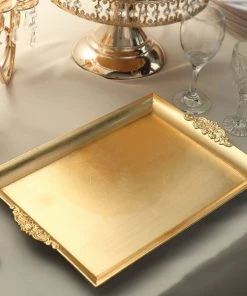 HIER_4730 2 Pack | Gold Rectangle Decorative Acrylic Serving Trays With Embossed Rims - 14"x10"