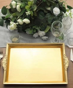 HIER_4730 2 Pack | Gold Rectangle Decorative Acrylic Serving Trays With Embossed Rims - 14"x10"