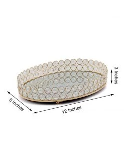 HIER_4730 Gold Metal Crystal Beaded Mirror Oval Vanity Serving Tray, Decorative Tray - Small 12
