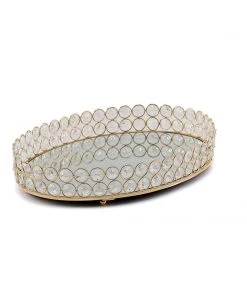 HIER_4730 Gold Metal Crystal Beaded Mirror Oval Vanity Serving Tray, Decorative Tray - Small 12