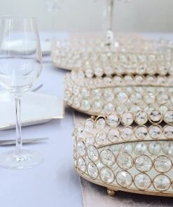 HIER_4730 Gold Metal Crystal Beaded Mirror Oval Vanity Serving Tray, Decorative Tray - Small 12"x8"
