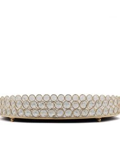 HIER_4730 Gold Metal Crystal Beaded Mirror Oval Vanity Serving Tray, Decorative Tray - Small 12