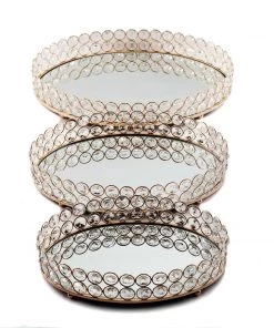 HIER_4730 Gold Metal Crystal Beaded Mirror Oval Vanity Serving Tray, Decorative Tray - Small 12