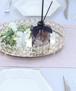 HIER_4730 Gold Metal Crystal Beaded Mirror Oval Vanity Serving Tray, Decorative Tray - Small 12