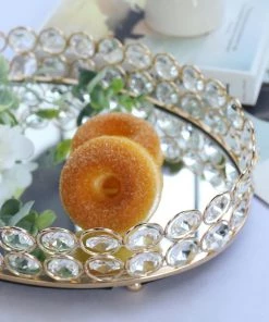 HIER_4730 Gold Metal Crystal Beaded Mirror Oval Vanity Serving Tray, Decorative Tray - Small 12