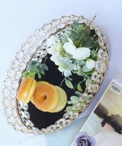 HIER_4730 Gold Metal Crystal Beaded Mirror Oval Vanity Serving Tray, Decorative Tray - Small 12