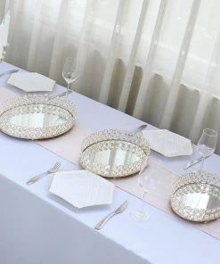 HIER_4730 Gold Metal Crystal Beaded Mirror Oval Vanity Serving Tray, Decorative Tray - Small 12