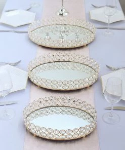 HIER_4730 Gold Metal Crystal Beaded Mirror Oval Vanity Serving Tray, Decorative Tray - Small 12