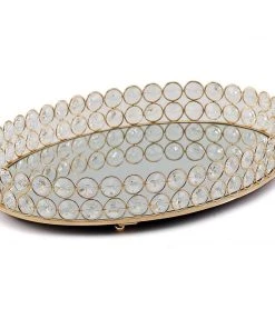 HIER_4730 Gold Metal Crystal Beaded Mirror Oval Vanity Serving Tray, Decorative Tray - Small 12