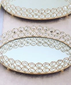 HIER_4730 Gold Metal Crystal Beaded Mirror Oval Vanity Serving Tray, Decorative Tray - Small 12