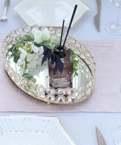 HIER_4730 Gold Metal Crystal Beaded Mirror Oval Vanity Serving Tray, Decorative Tray - Small 12"x8"