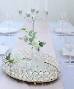 HIER_4730 Gold Metal Crystal Beaded Mirror Oval Vanity Serving Tray, Decorative Tray - Medium 14"x10" Disposable Dinnerware