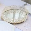 HIER_4730 Gold Metal Crystal Beaded Mirror Oval Vanity Serving Tray, Decorative Tray - Medium 14"x10" Disposable Dinnerware