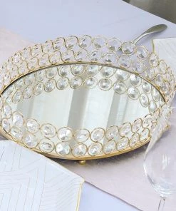 HIER_4730 Gold Metal Crystal Beaded Mirror Oval Vanity Serving Tray, Decorative Tray - Medium 14"x10" Disposable Dinnerware