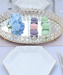 HIER_4730 Gold Metal Crystal Beaded Mirror Oval Vanity Serving Tray, Decorative Tray - Large 16"x12" Disposable Dinnerware