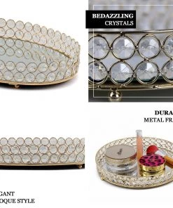 HIER_4730 Gold Metal Crystal Beaded Mirror Oval Vanity Serving Tray, Decorative Tray - Small 12