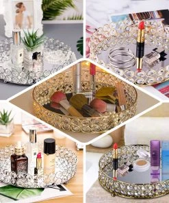 HIER_4730 Gold Metal Crystal Beaded Mirror Oval Vanity Serving Tray, Decorative Tray - Small 12