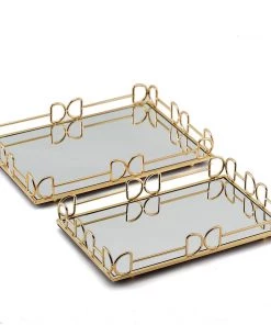 HIER_4730 Disposable Dinnerware Set Of 2 | Gold Rectangle Mirror Decorative Vanity Serving Trays - 13"x9" | 14"x10"
