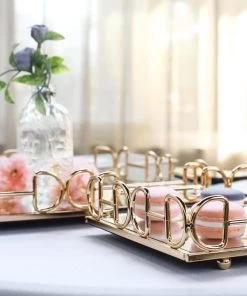 HIER_4730 Disposable Dinnerware Set Of 2 | Gold Rectangle Mirror Decorative Vanity Serving Trays - 13