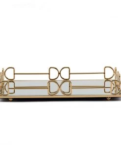 HIER_4730 Disposable Dinnerware Set Of 2 | Gold Rectangle Mirror Decorative Vanity Serving Trays - 13