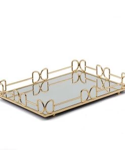 HIER_4730 Disposable Dinnerware Set Of 2 | Gold Rectangle Mirror Decorative Vanity Serving Trays - 13