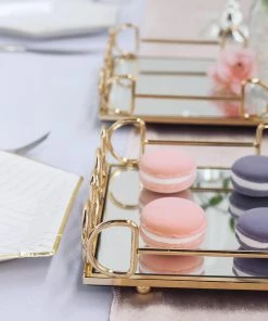 HIER_4730 Disposable Dinnerware Set Of 2 | Gold Rectangle Mirror Decorative Vanity Serving Trays - 13