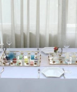HIER_4730 Disposable Dinnerware Set Of 2 | Gold Metal Decorative Vanity Serving Trays, Rose Bordered Rectangle Mirrored Trays - 19"x12" | 15"x8"