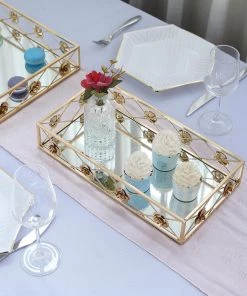 HIER_4730 Disposable Dinnerware Set Of 2 | Gold Metal Decorative Vanity Serving Trays, Rose Bordered Rectangle Mirrored Trays - 19"x12" | 15"x8"