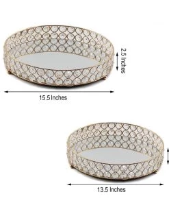 HIER_4730 Set Of 2 | Gold Metal Crystal Beaded Mirror Oval Vanity Serving Tray, Decorative Tray - 15