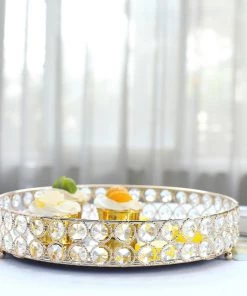 HIER_4730 Set Of 2 | Gold Metal Crystal Beaded Mirror Oval Vanity Serving Tray, Decorative Tray - 15