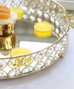 HIER_4730 Set Of 2 | Gold Metal Crystal Beaded Mirror Oval Vanity Serving Tray, Decorative Tray - 15