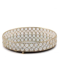 HIER_4730 Set Of 2 | Gold Metal Crystal Beaded Mirror Oval Vanity Serving Tray, Decorative Tray - 15