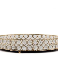 HIER_4730 Set Of 2 | Gold Metal Crystal Beaded Mirror Oval Vanity Serving Tray, Decorative Tray - 15