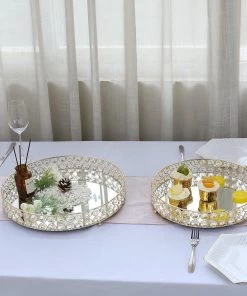 HIER_4730 Set Of 2 | Gold Metal Crystal Beaded Mirror Oval Vanity Serving Tray, Decorative Tray - 15