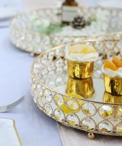 HIER_4730 Set Of 2 | Gold Metal Crystal Beaded Mirror Oval Vanity Serving Tray, Decorative Tray - 15