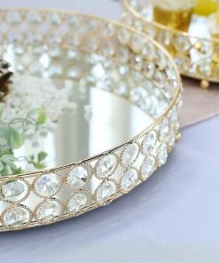 HIER_4730 Set Of 2 | Gold Metal Crystal Beaded Mirror Oval Vanity Serving Tray, Decorative Tray - 15" | 13" Disposable Dinnerware