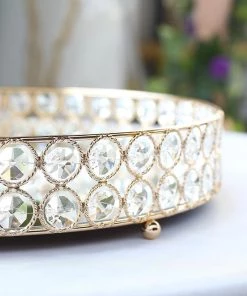 HIER_4730 Set Of 2 | Gold Metal Crystal Beaded Mirror Oval Vanity Serving Tray, Decorative Tray - 15