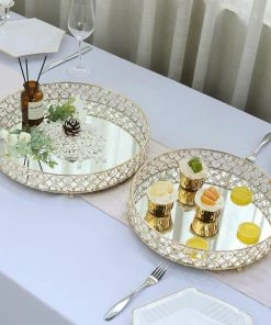 HIER_4730 Set Of 2 | Gold Metal Crystal Beaded Mirror Oval Vanity Serving Tray, Decorative Tray - 15