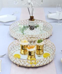 HIER_4730 Set Of 2 | Gold Metal Crystal Beaded Mirror Oval Vanity Serving Tray, Decorative Tray - 15" | 13" Disposable Dinnerware