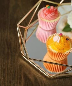 HIER_4730 Gold Metal Geometric Mirrored Serving Tray, Octagon Vanity Decorative Tray - 14"x9"