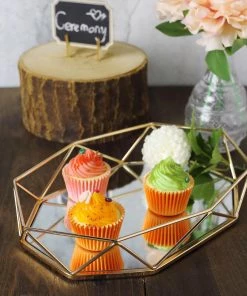 HIER_4730 Gold Metal Geometric Mirrored Serving Tray, Octagon Vanity Decorative Tray - 14"x9"