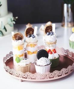 HIER_4730 Disposable Dinnerware 12" Blush/Rose Gold Premium Metal Decorative Vanity Serving Tray, Round With Embellished Rims