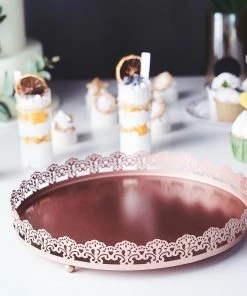 HIER_4730 Disposable Dinnerware 12" Blush/Rose Gold Premium Metal Decorative Vanity Serving Tray, Round With Embellished Rims