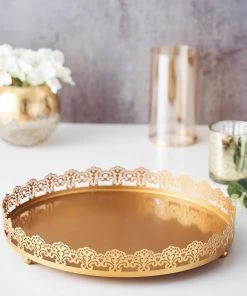 HIER_4730 Disposable Dinnerware 12" Gold Premium Metal Decorative Vanity Serving Tray, Round With Embellished Rims