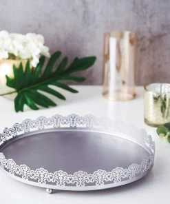 HIER_4730 Disposable Dinnerware 12" Silver Premium Metal Decorative Vanity Serving Tray, Round With Embellished Rims
